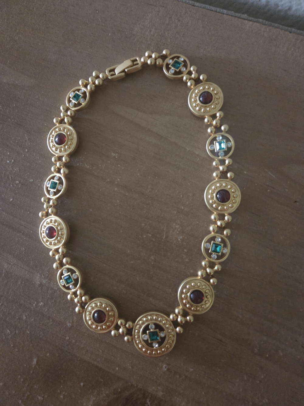 Gold-Tone Necklace with Green and Red Accents